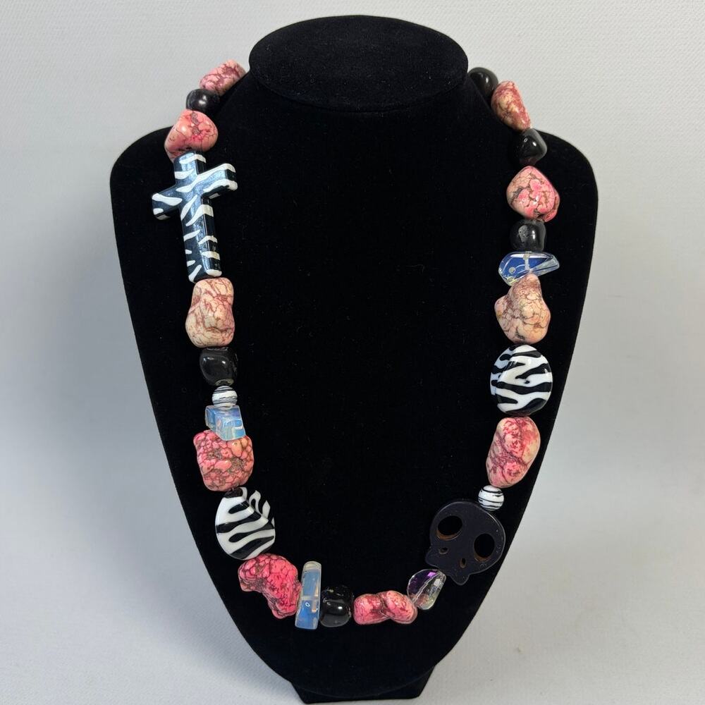 Pink Dyed Howlite Beaded Cross Skull Zebra Y2K Statement Necklace Toggle 20"